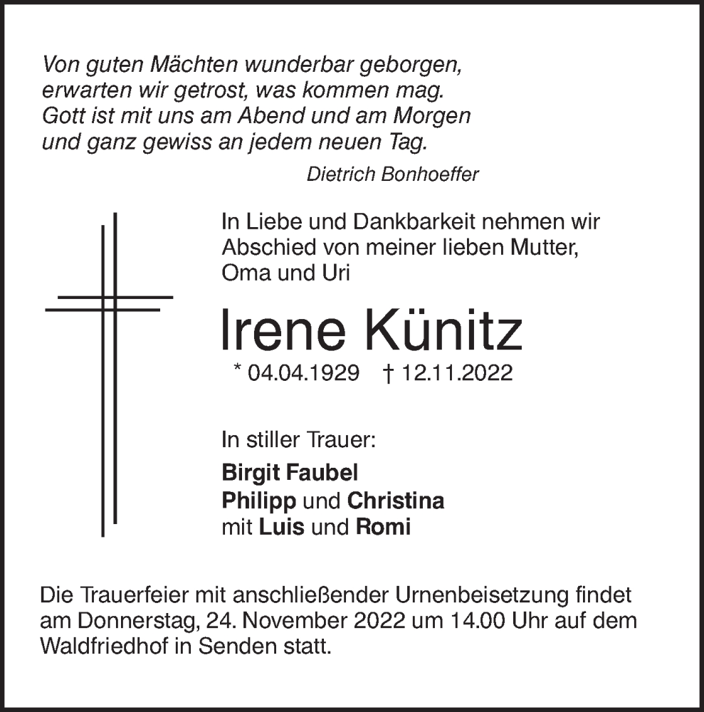  Traueranzeige für Irene Künitz vom 21.11.2022 aus SÜDWEST PRESSE Ausgabe Ulm/Neu-Ulm