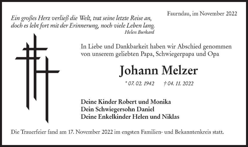  Traueranzeige für Johann Melzer vom 19.11.2022 aus NWZ Neue Württembergische Zeitung/Geislinger Zeitung