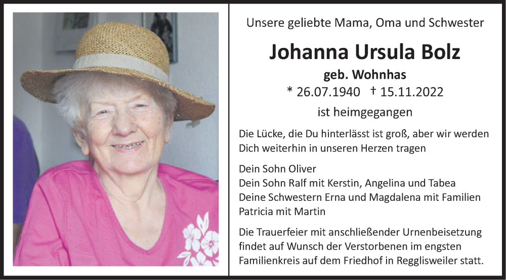  Traueranzeige für Johanna Ursula Bolz vom 23.11.2022 aus SÜDWEST PRESSE Ausgabe Ulm/Neu-Ulm