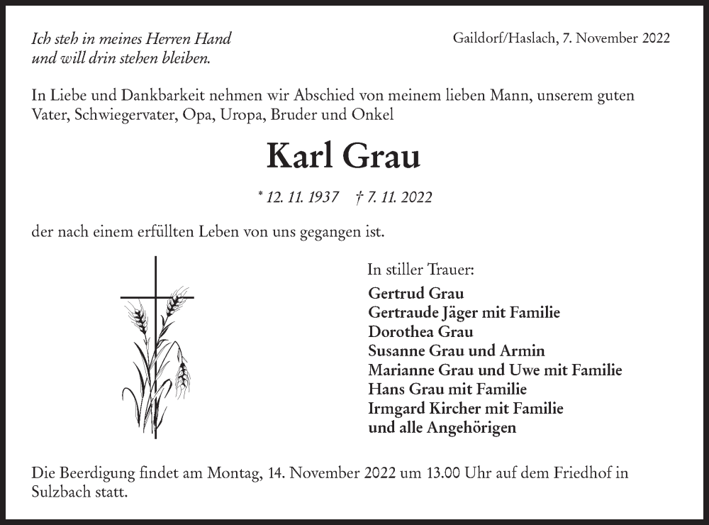  Traueranzeige für Karl Grau vom 10.11.2022 aus Rundschau Gaildorf
