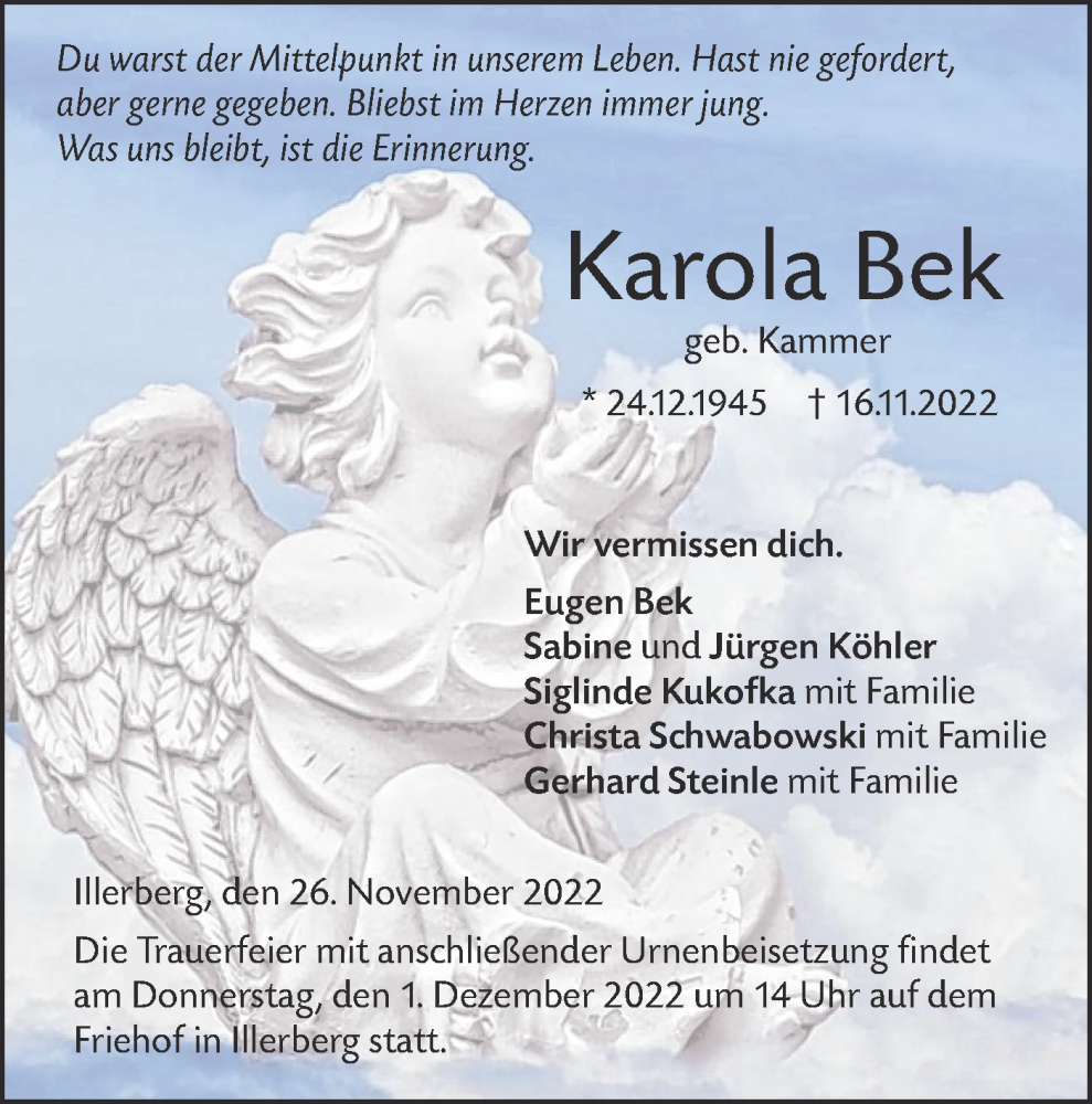  Traueranzeige für Karola Bek vom 26.11.2022 aus SÜDWEST PRESSE Ausgabe Ulm/Neu-Ulm