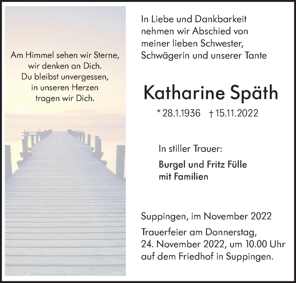  Traueranzeige für Katharine Späth vom 22.11.2022 aus SÜDWEST PRESSE Ausgabe Ulm/Neu-Ulm