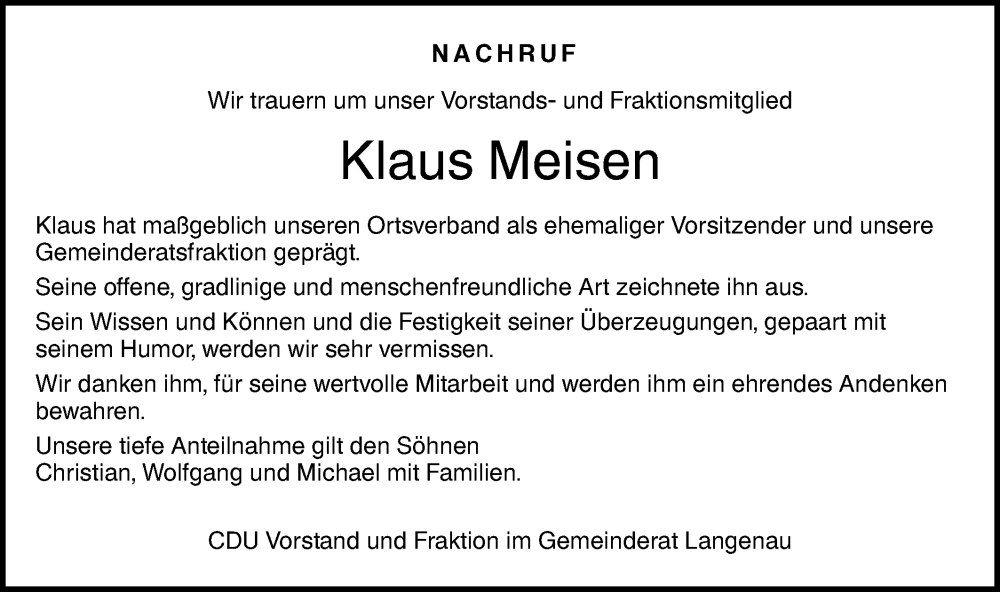  Traueranzeige für Klaus Meisen vom 01.12.2022 aus SÜDWEST PRESSE