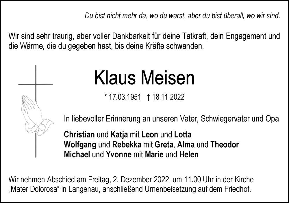  Traueranzeige für Klaus Meisen vom 23.11.2022 aus SÜDWEST PRESSE