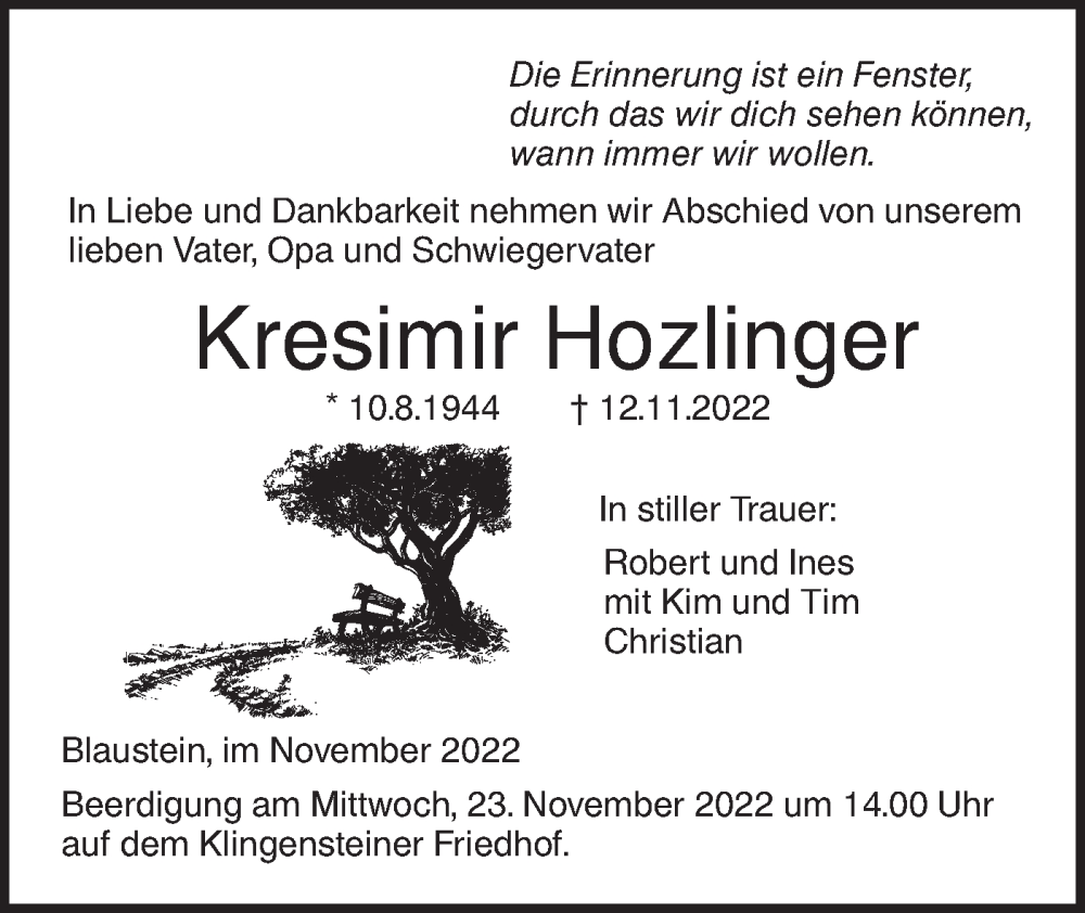  Traueranzeige für Kresimir Hozlinger vom 19.11.2022 aus SÜDWEST PRESSE Ausgabe Ulm/Neu-Ulm