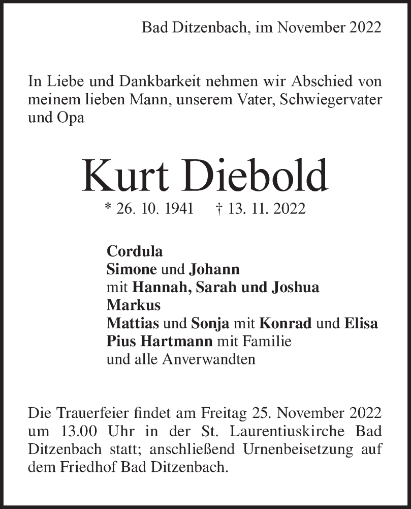  Traueranzeige für Kurt Diebold vom 19.11.2022 aus Geislinger Zeitung