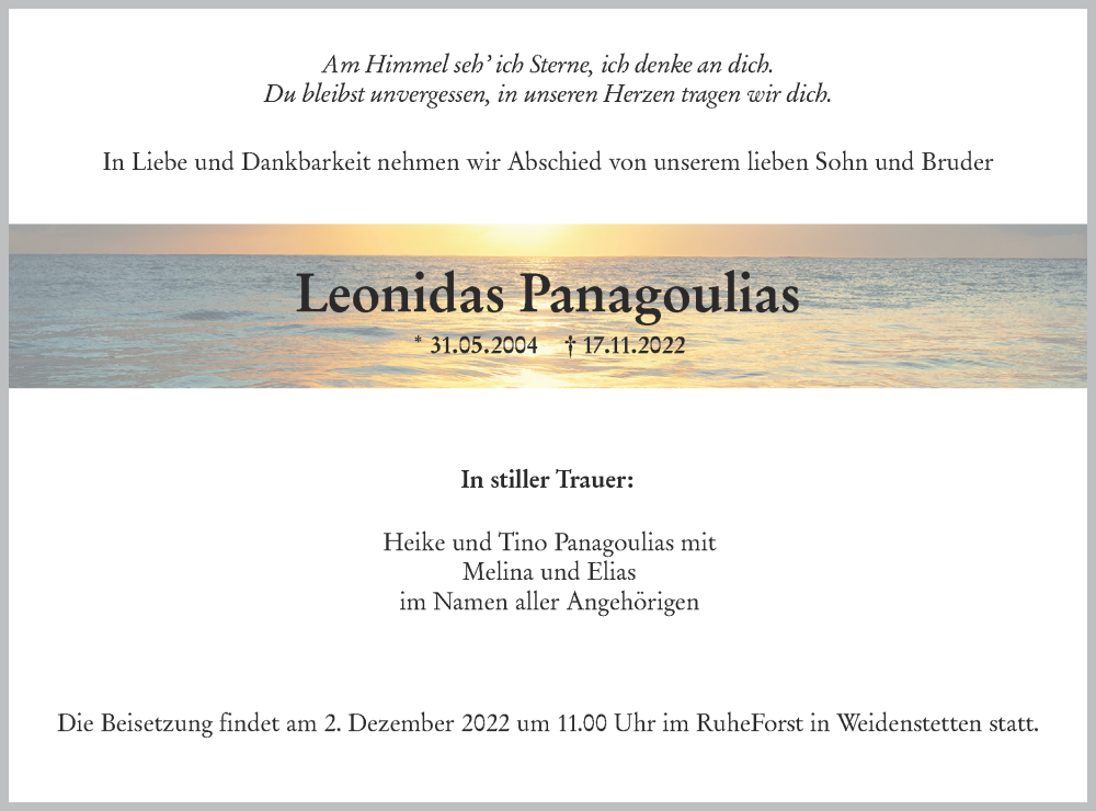  Traueranzeige für Leonidas Panagoulias vom 26.11.2022 aus SÜDWEST PRESSE Ausgabe Ulm/Neu-Ulm