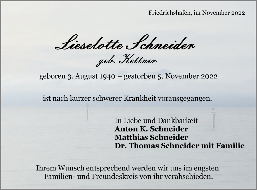  Traueranzeige für Lieselotte Schneider vom 12.11.2022 aus Geislinger Zeitung