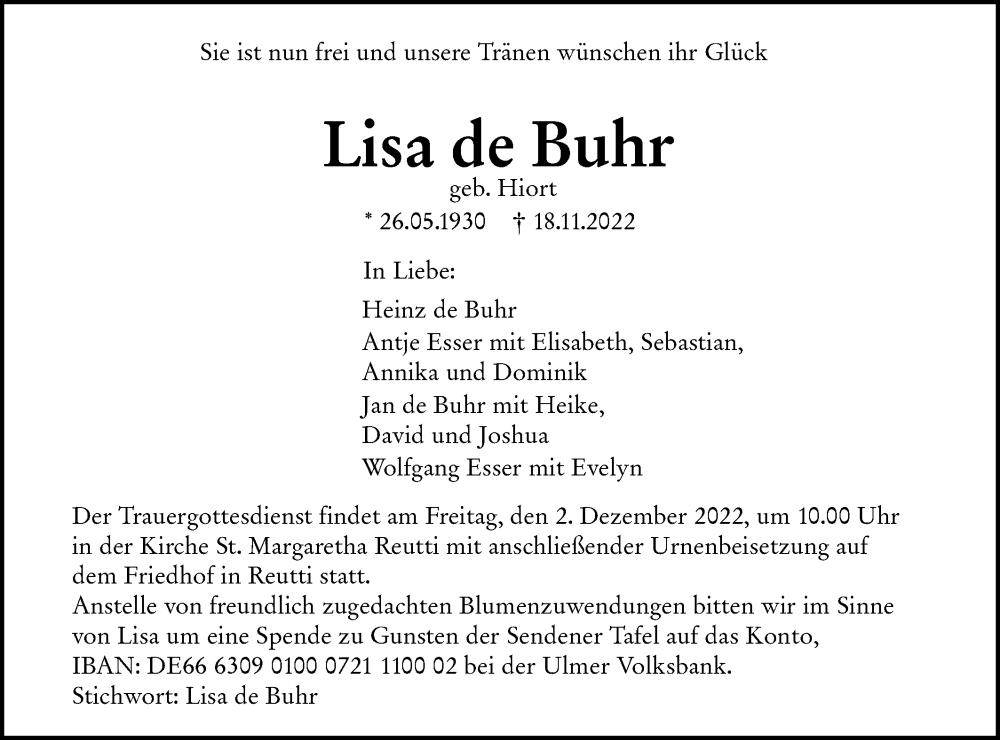  Traueranzeige für Lisa de Buhr vom 28.11.2022 aus SÜDWEST PRESSE Ausgabe Ulm/Neu-Ulm