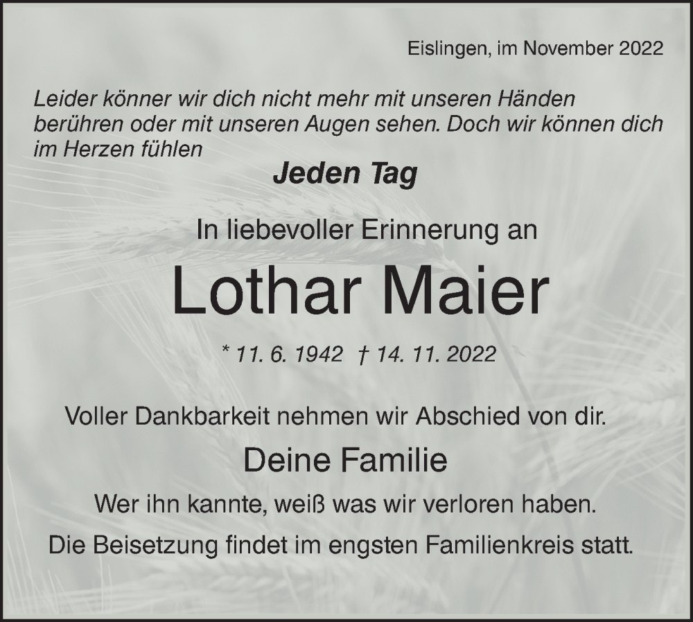  Traueranzeige für Lothar Maier vom 17.11.2022 aus NWZ Neue Württembergische Zeitung