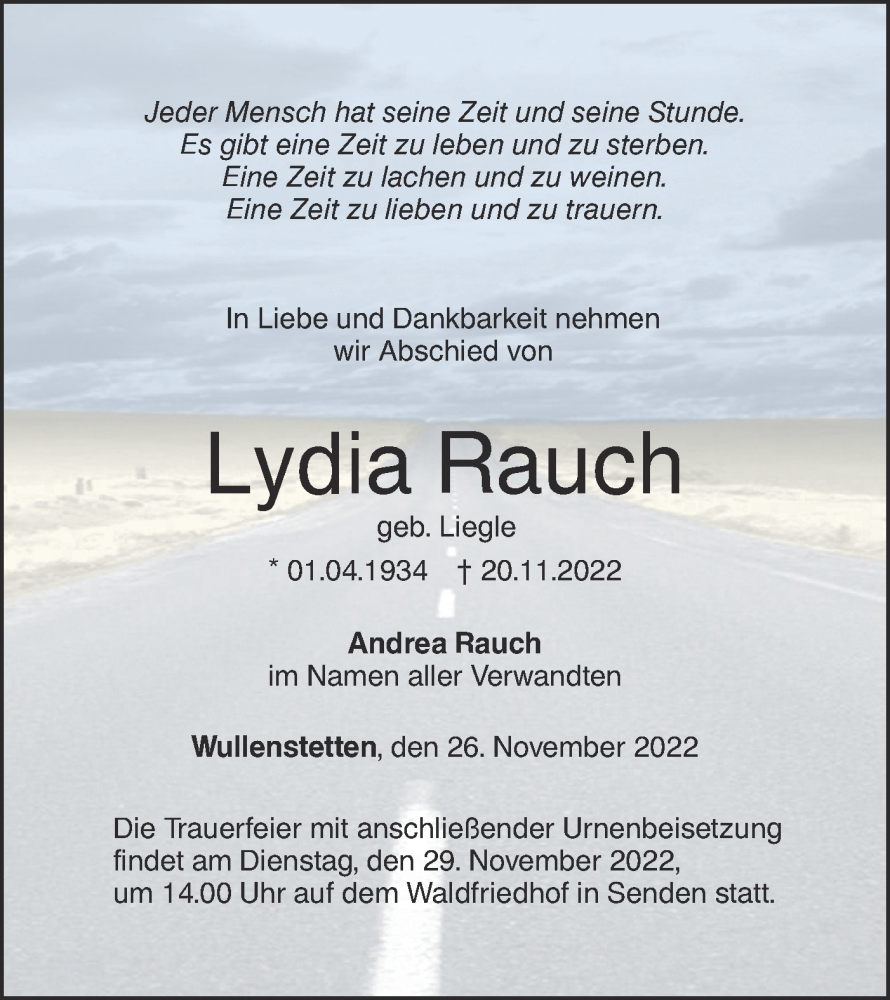  Traueranzeige für Lydia Rauch vom 26.11.2022 aus SÜDWEST PRESSE Ausgabe Ulm/Neu-Ulm