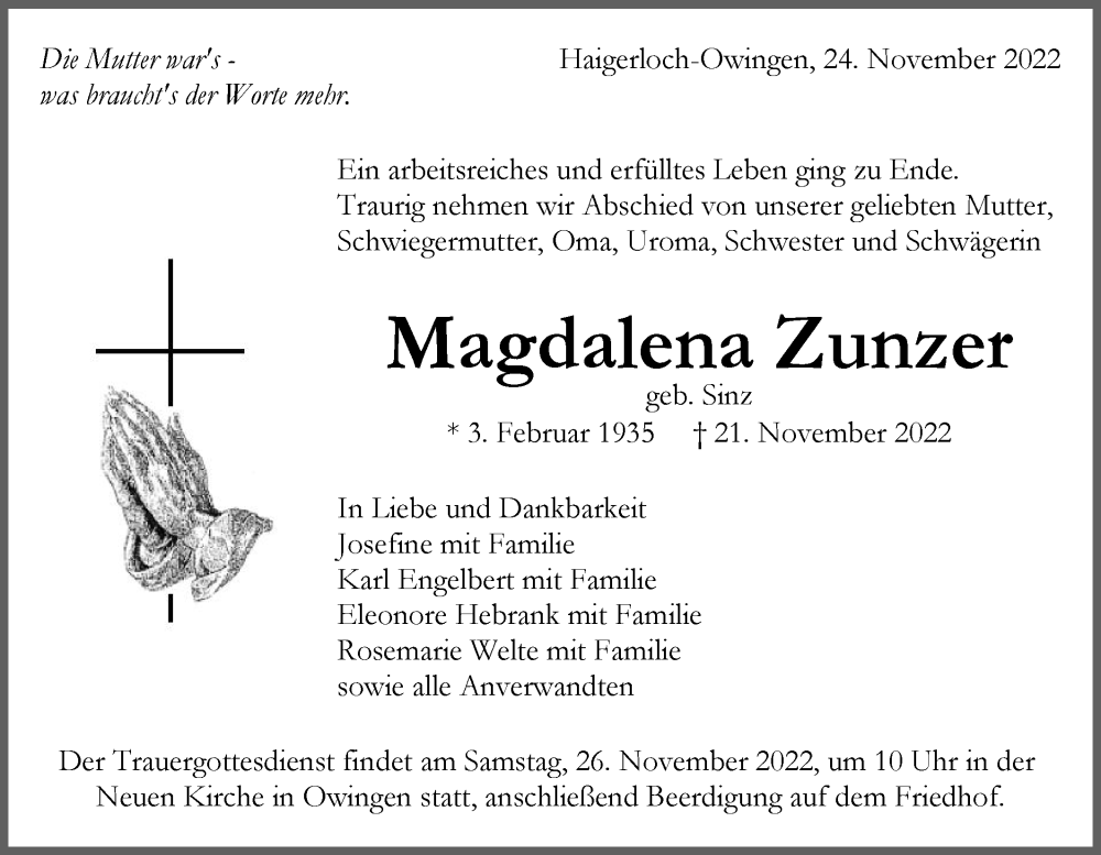 Traueranzeige für Magdalena Zunzer vom 24.11.2022 aus Metzinger-Uracher Volksblatt