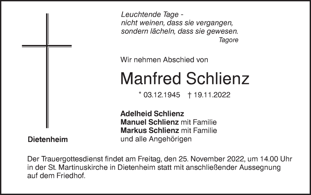  Traueranzeige für Manfred Schlienz vom 23.11.2022 aus SÜDWEST PRESSE Ausgabe Ulm/Neu-Ulm