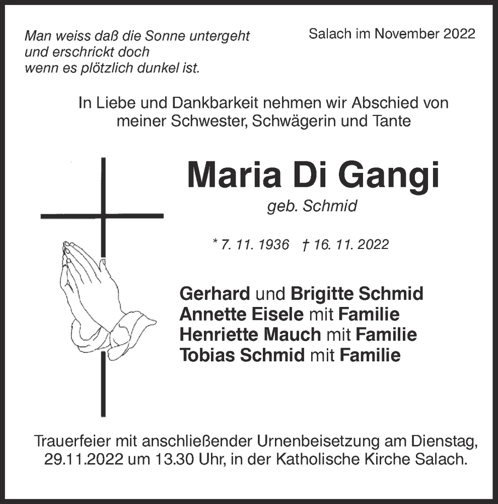  Traueranzeige für Maria Di Gangi vom 26.11.2022 aus NWZ Neue Württembergische Zeitung