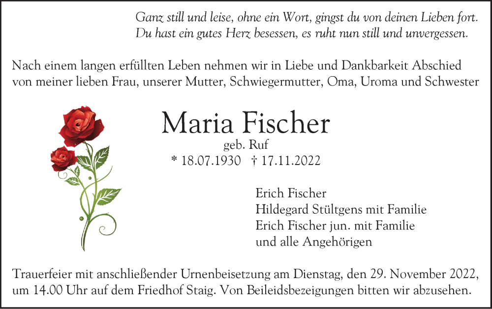  Traueranzeige für Maria Fischer vom 23.11.2022 aus SÜDWEST PRESSE Ausgabe Ulm/Neu-Ulm