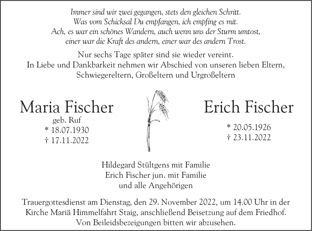  Traueranzeige für Maria Fischer vom 26.11.2022 aus SÜDWEST PRESSE Ausgabe Ulm/Neu-Ulm