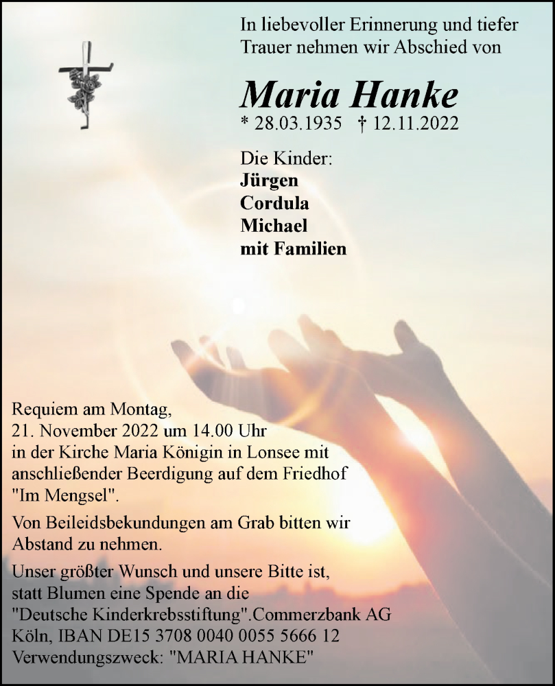  Traueranzeige für Maria Hanke vom 18.11.2022 aus SÜDWEST PRESSE Ausgabe Ulm/Neu-Ulm