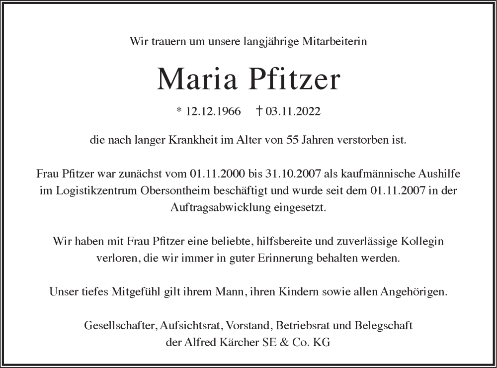  Traueranzeige für Maria Pfitzer vom 11.11.2022 aus Haller Tagblatt/Rundschau Gaildorf/Hohenloher Tagblatt