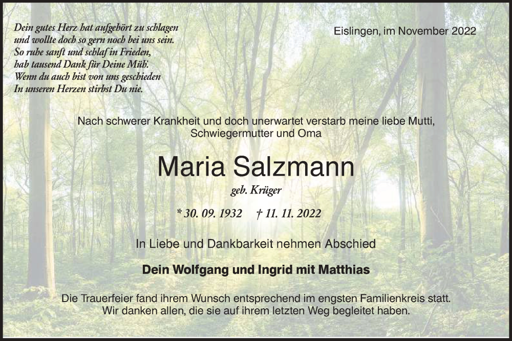 Traueranzeige für Maria Salzmann vom 19.11.2022 aus NWZ Neue Württembergische Zeitung