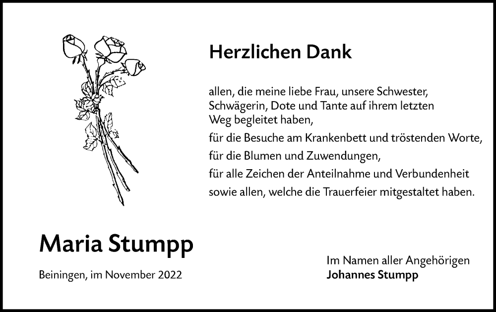  Traueranzeige für Maria Stumpp vom 25.11.2022 aus SÜDWEST PRESSE