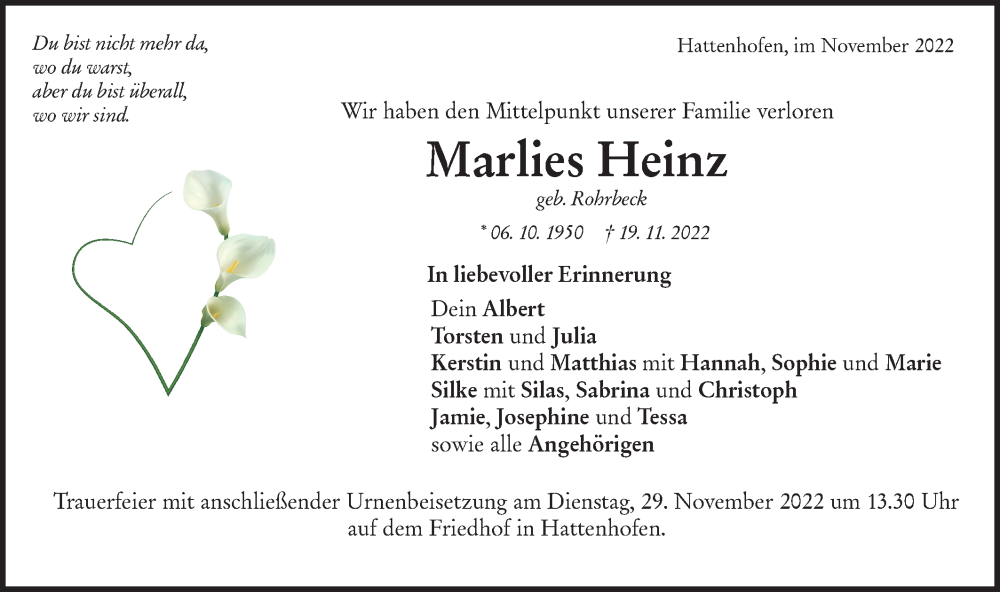  Traueranzeige für Marlies Heinz vom 23.11.2022 aus NWZ Neue Württembergische Zeitung