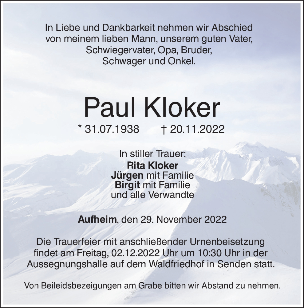  Traueranzeige für Paul Kloker vom 29.11.2022 aus SÜDWEST PRESSE Ausgabe Ulm/Neu-Ulm