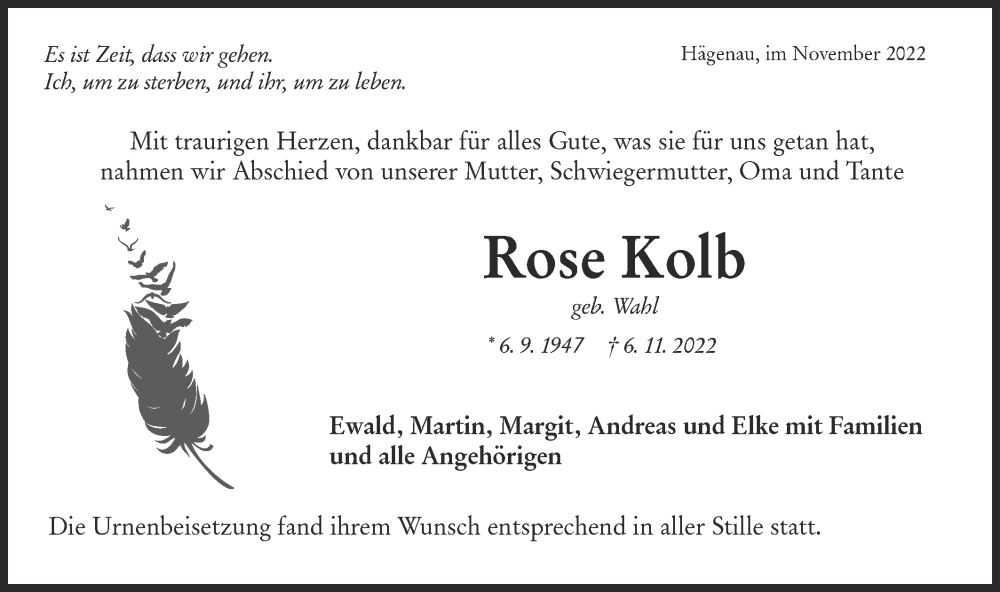  Traueranzeige für Rose Kolb vom 16.11.2022 aus Rundschau Gaildorf