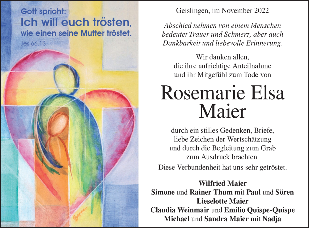  Traueranzeige für Rosemarie Elsa Maier vom 24.11.2022 aus Geislinger Zeitung