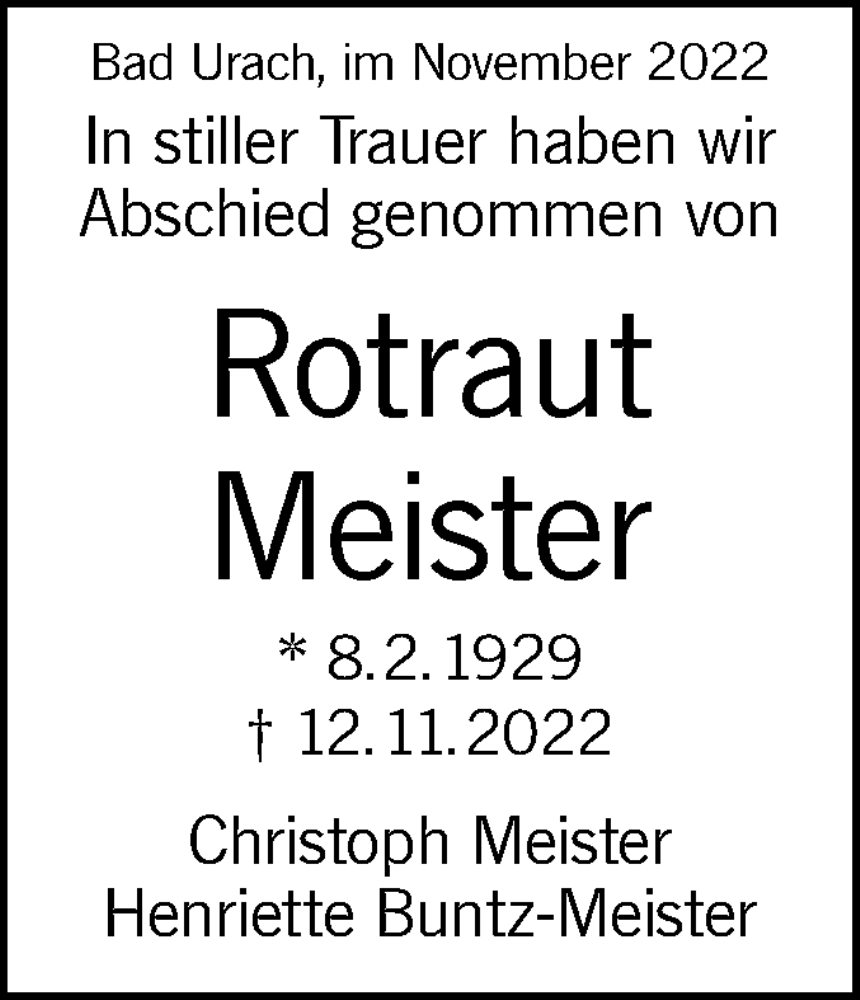 Traueranzeige für Rotraut Meister vom 26.11.2022 aus Metzinger-Uracher Volksblatt