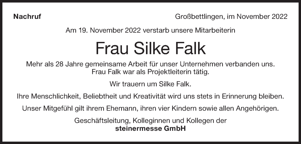  Traueranzeige für Silke Falk vom 29.11.2022 aus Metzinger-Uracher Volksblatt