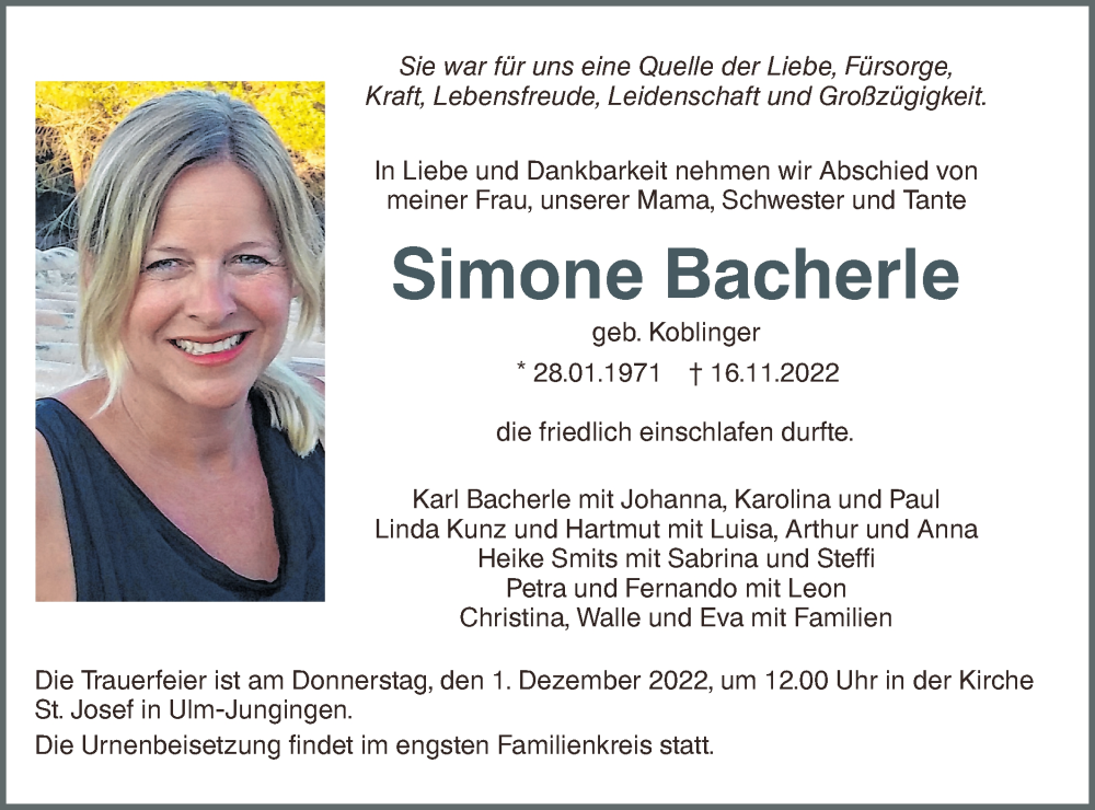  Traueranzeige für Simone Bacherle vom 26.11.2022 aus SÜDWEST PRESSE Ausgabe Ulm/Neu-Ulm