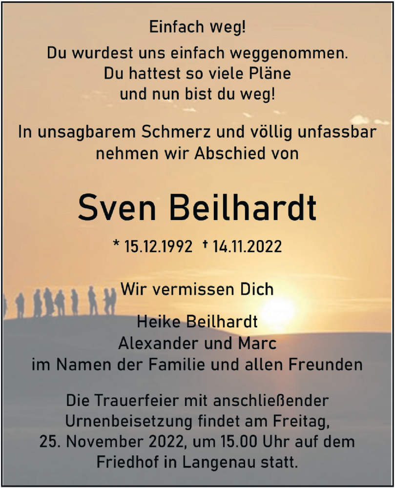  Traueranzeige für Sven Beilhardt vom 19.11.2022 aus SÜDWEST PRESSE Ausgabe Ulm/Neu-Ulm