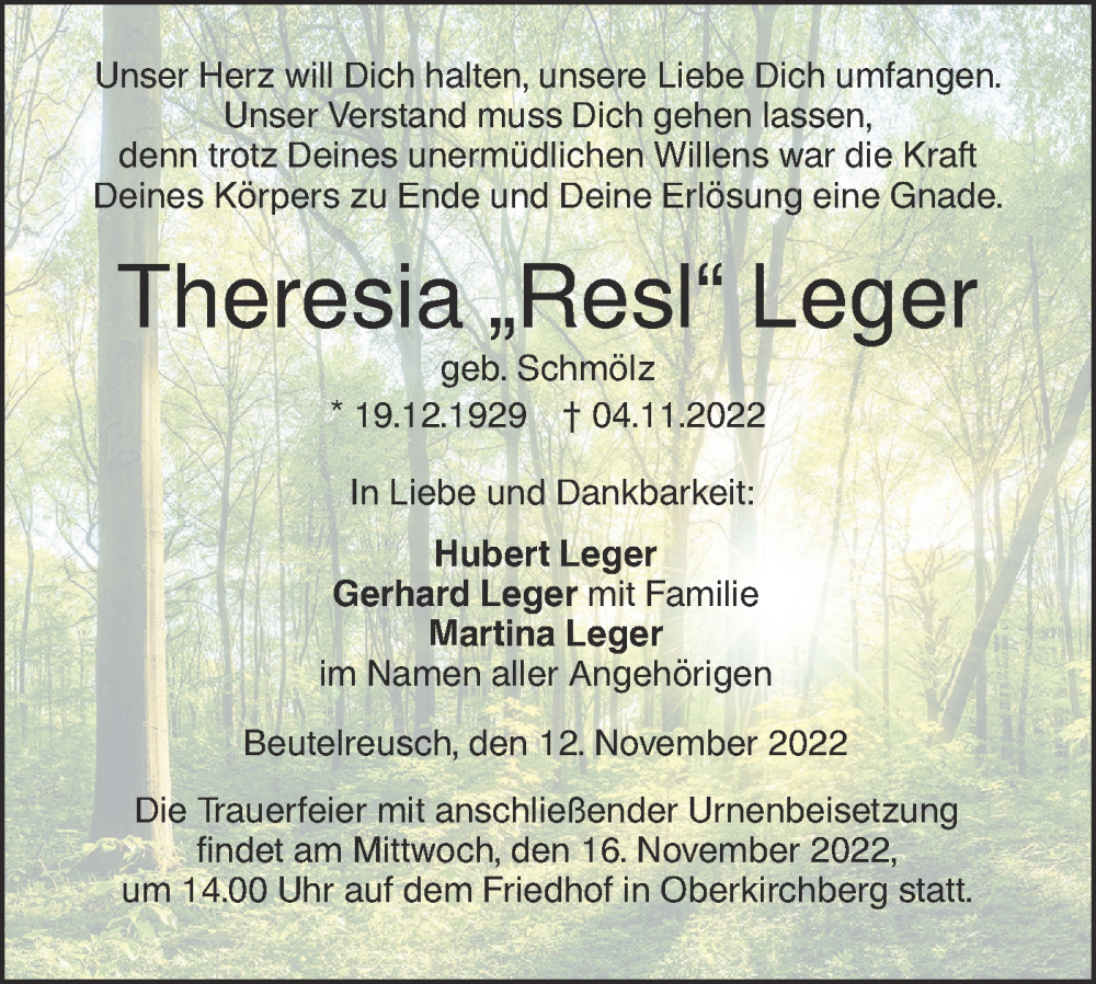 Traueranzeige für Theresia Leger vom 12.11.2022 aus SÜDWEST PRESSE Ausgabe Ulm/Neu-Ulm
