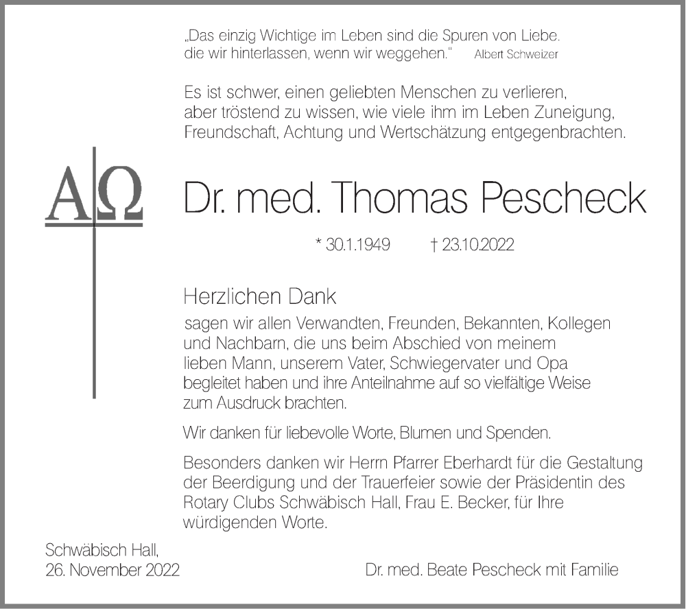  Traueranzeige für Thomas Pescheck vom 26.11.2022 aus Haller Tagblatt