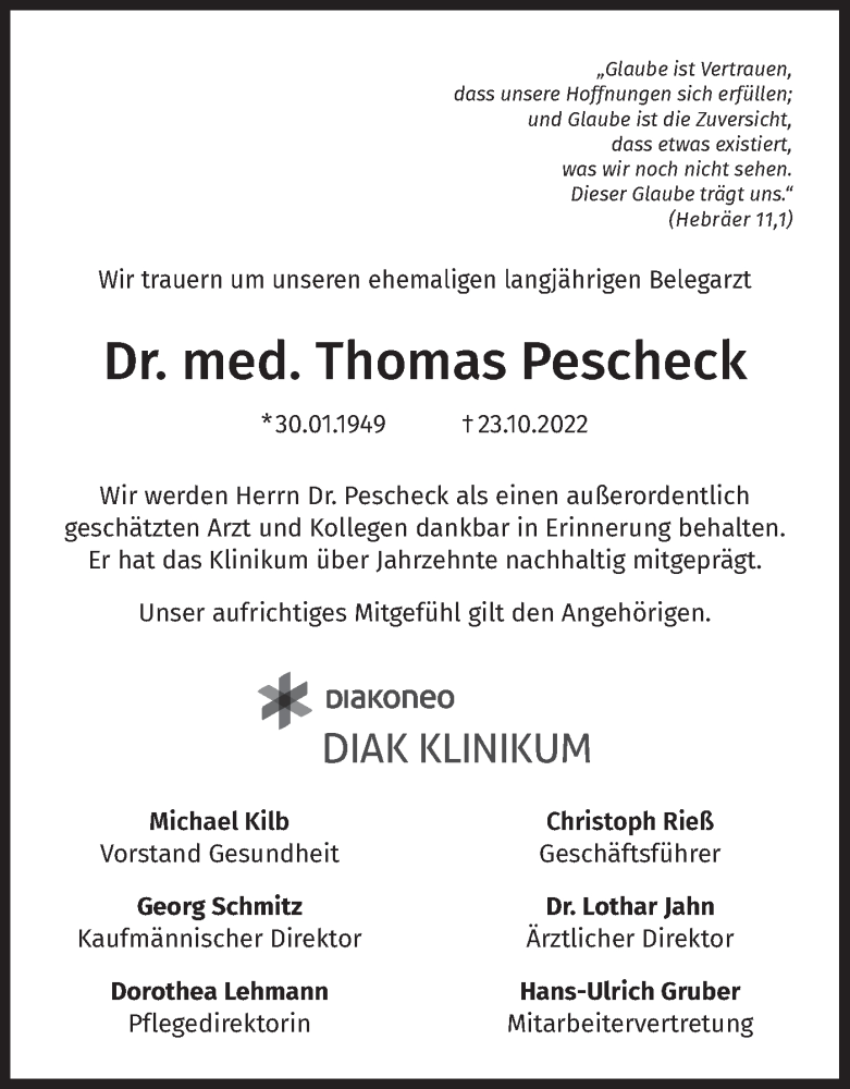  Traueranzeige für Thomas Pescheck vom 07.11.2022 aus Haller Tagblatt