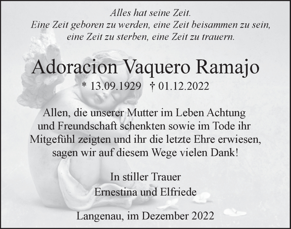  Traueranzeige für Adoracion Vaquero Ramajo vom 17.12.2022 aus SÜDWEST PRESSE Ausgabe Ulm/Neu-Ulm