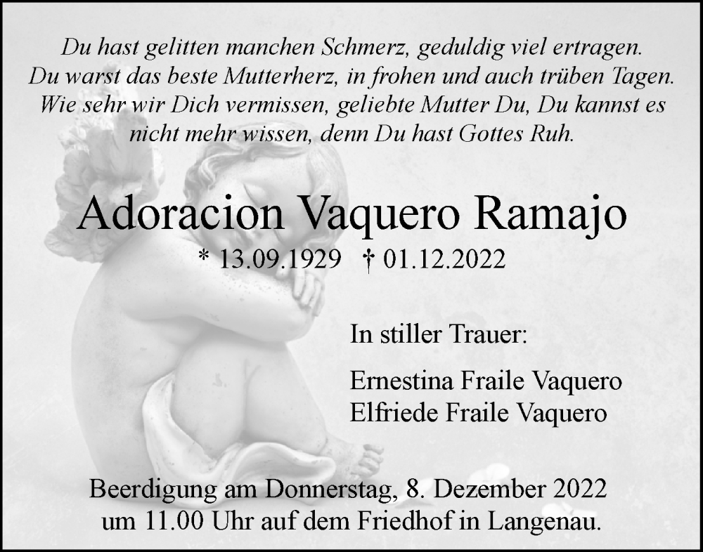  Traueranzeige für Adoracion Vaquero Ramajo vom 03.12.2022 aus SÜDWEST PRESSE Ausgabe Ulm/Neu-Ulm