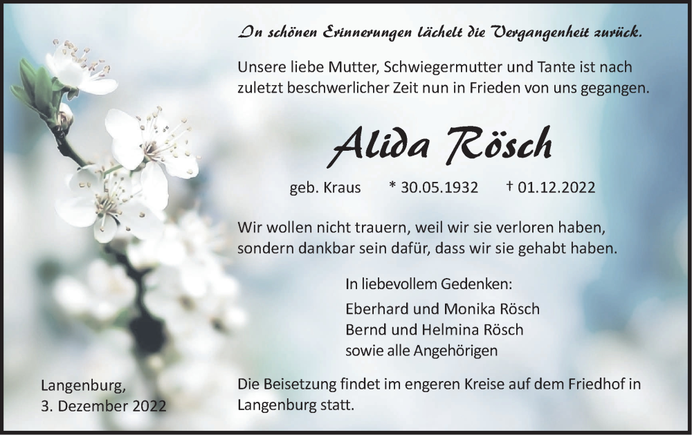  Traueranzeige für Alida Rösch vom 03.12.2022 aus Hohenloher Tagblatt