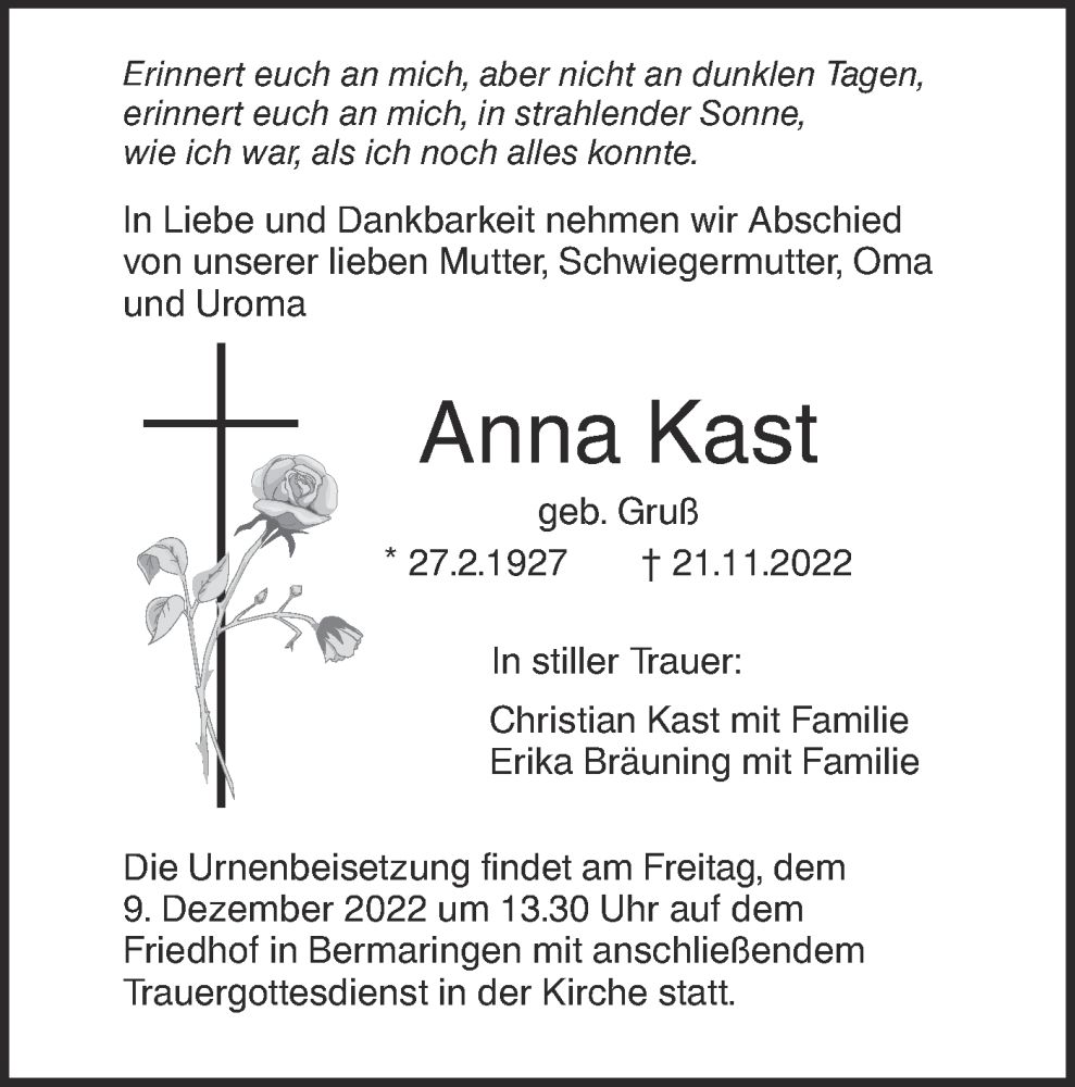  Traueranzeige für Anna Kast vom 03.12.2022 aus SÜDWEST PRESSE Ausgabe Ulm/Neu-Ulm