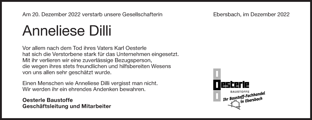  Traueranzeige für Anneliese Dilli vom 23.12.2022 aus NWZ Neue Württembergische Zeitung
