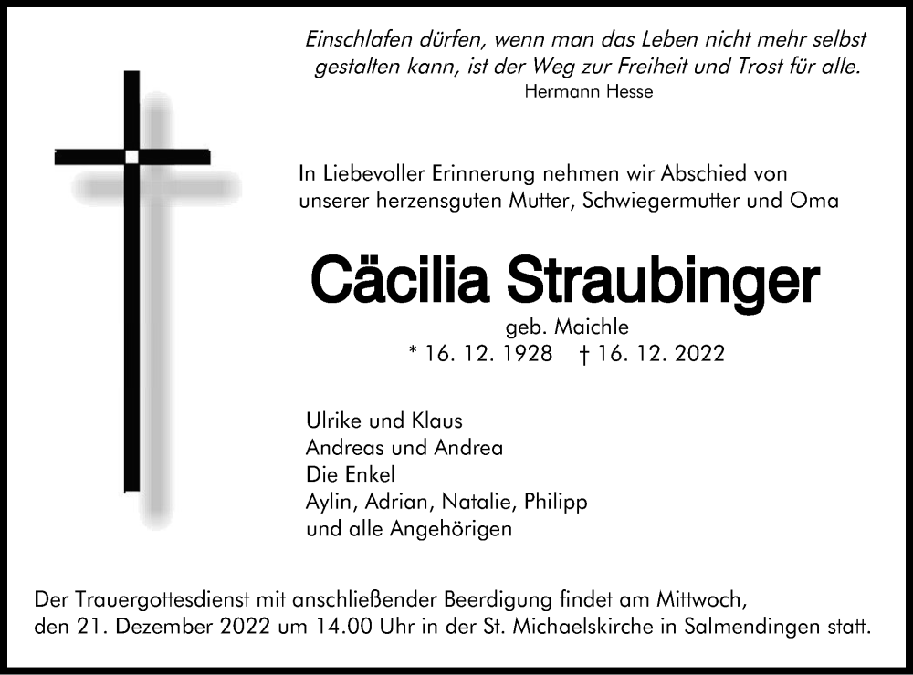  Traueranzeige für Cäcilia Straubinger vom 20.12.2022 aus Metzinger-Uracher Volksblatt