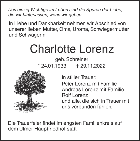 Traueranzeige von Charlotte Lorenz von SÜDWEST PRESSE Ausgabe Ulm/Neu-Ulm