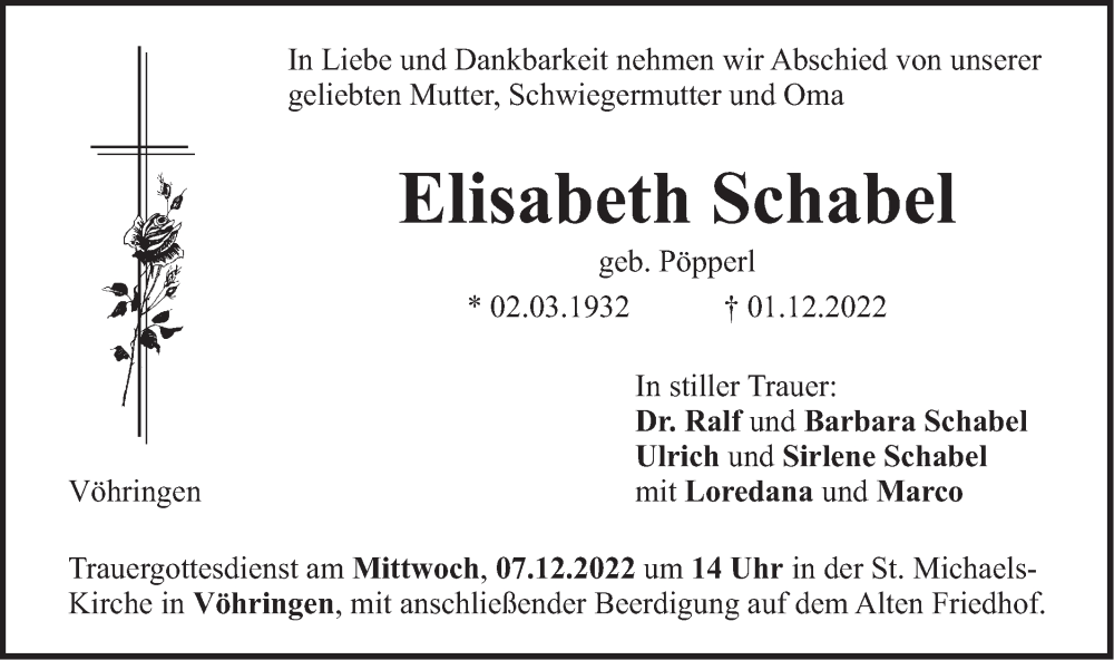  Traueranzeige für Elisabeth Schabel vom 03.12.2022 aus SÜDWEST PRESSE Ausgabe Ulm/Neu-Ulm