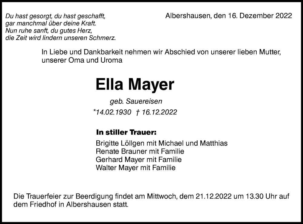  Traueranzeige für Ella Mayer vom 20.12.2022 aus NWZ Neue Württembergische Zeitung