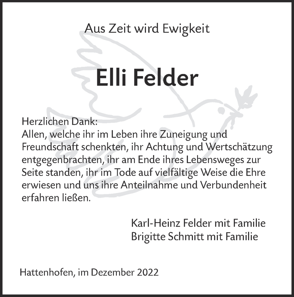  Traueranzeige für Elli Felder vom 07.12.2022 aus NWZ Neue Württembergische Zeitung