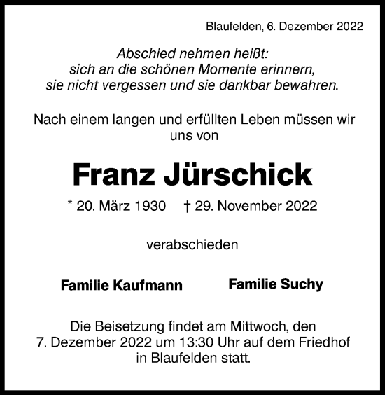 Traueranzeige von Franz Jürschick von Hohenloher Tagblatt