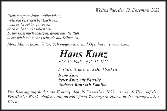 Traueranzeige von Hans Kunz von Rundschau Gaildorf