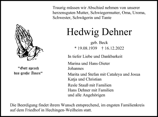 Traueranzeige von Hedwig Dehner von Metzinger-Uracher Volksblatt