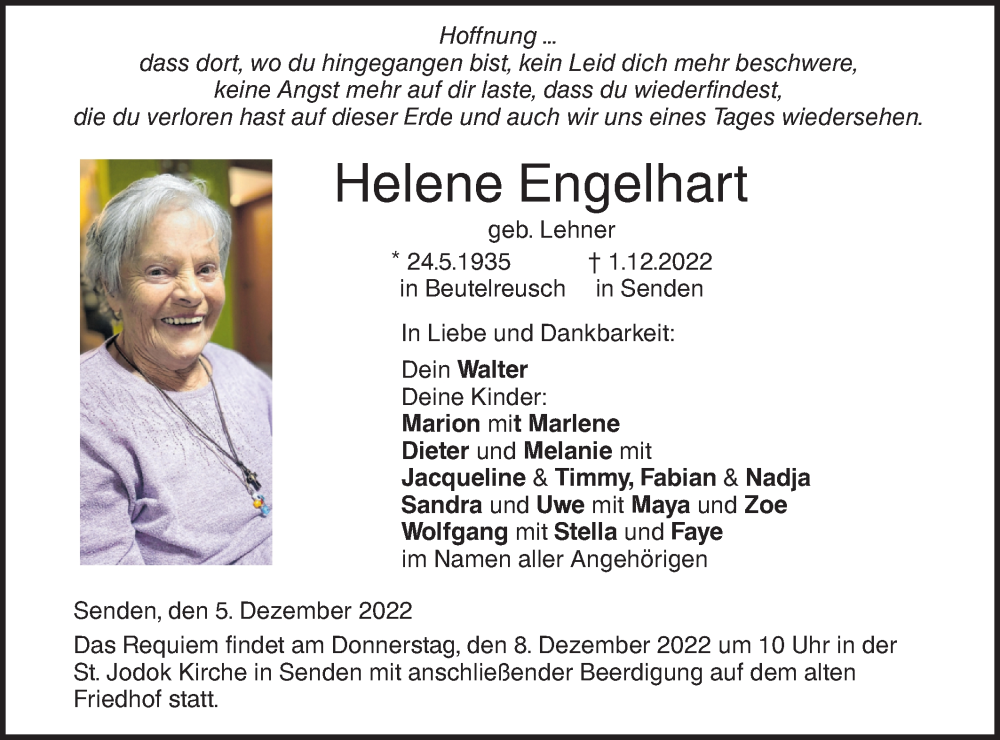  Traueranzeige für Helene Engelhart vom 05.12.2022 aus SÜDWEST PRESSE Ausgabe Ulm/Neu-Ulm