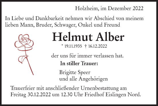 Traueranzeige von Helmut Alber von NWZ Neue Württembergische Zeitung